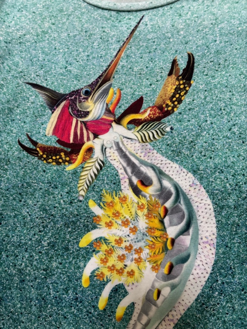 MARY KATRANTZOU Short Sleeve Top Teal with Creative Swordfish Creature Graphic